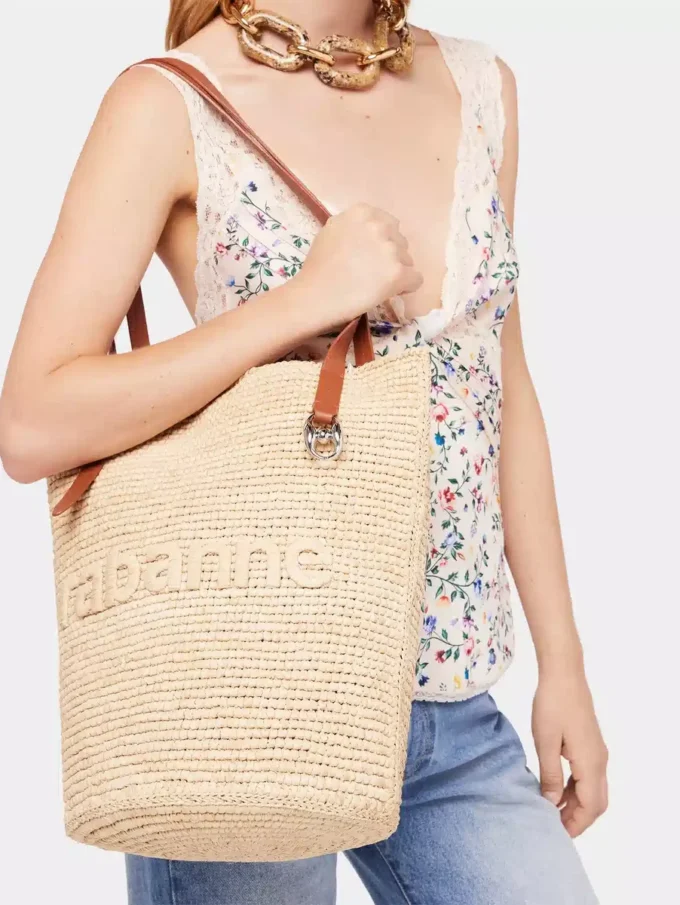 Beige raffia-tygväska med logotyp