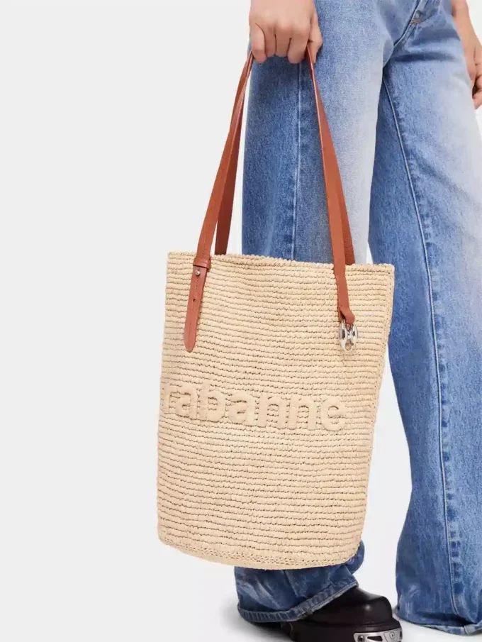 Beige raffia-tygväska med logotyp