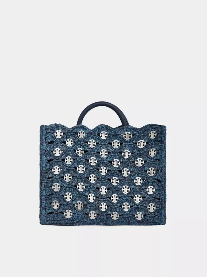 Denimblå tygväska i raffia
