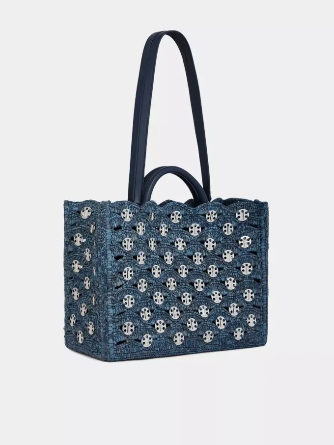 Denimblå tygväska i raffia