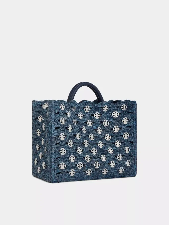 Denimblå tygväska i raffia