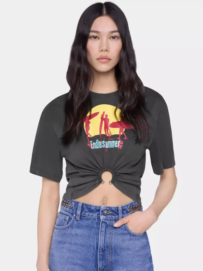 Kort t-shirt i tryckt bomull