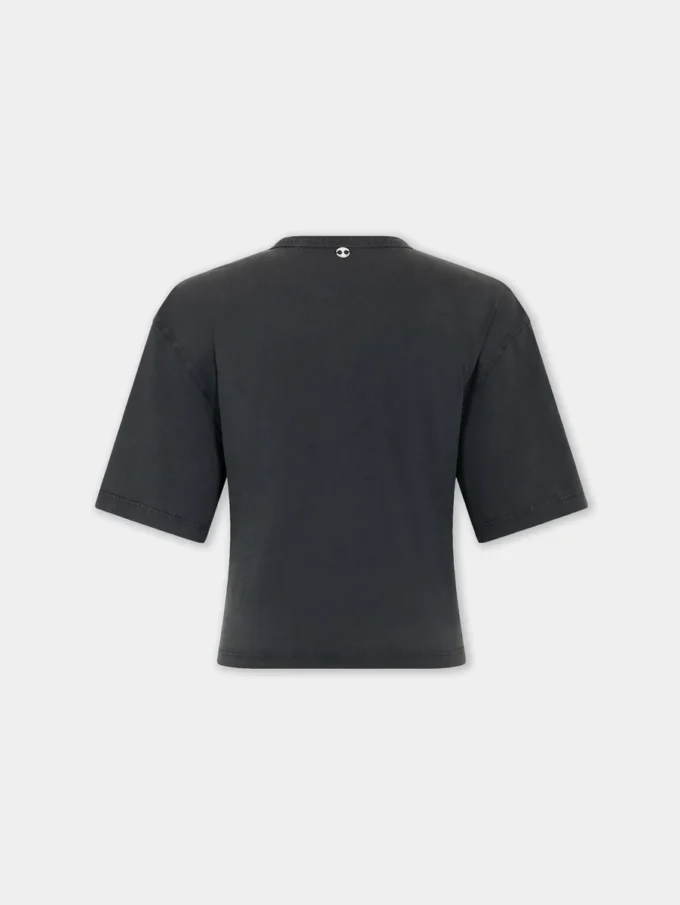 Kort t-shirt i tryckt bomull