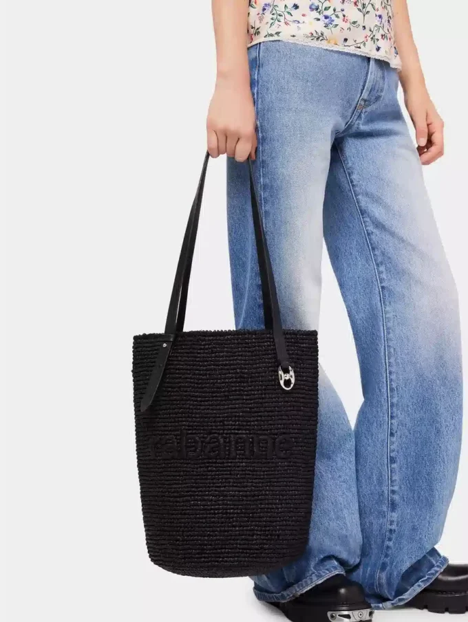Svart raffia-tygväska med logotyp