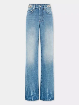 Utställda jeans prydda med 1969-skivor